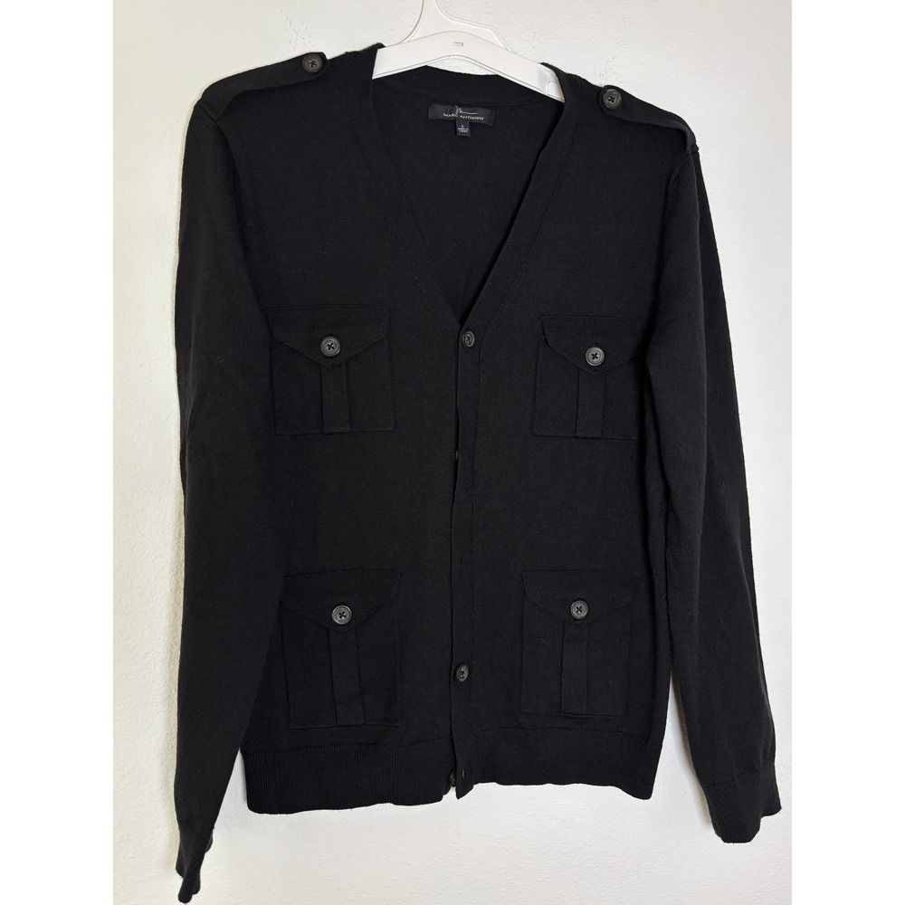Marc Anthony Mens Black Military Cardigan Sweater Large Epaulets Button Front